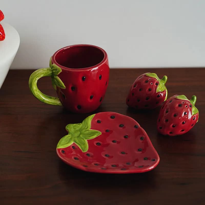 European Vintage Hand-painted Underglaze Ceramic Strawberry Cup & Saucer, Strawberry Spice Shaker, Coffee Mug