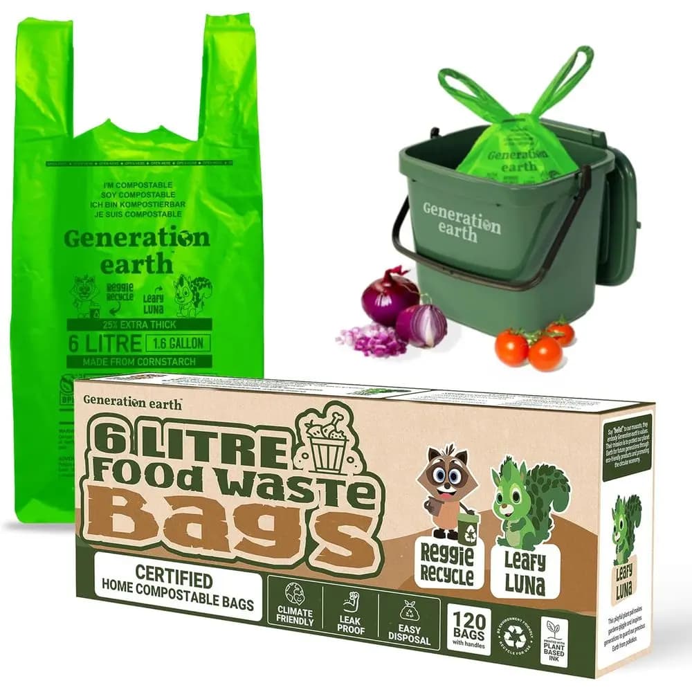1.6 Gallon Compostable Waste Bags | Tie Handle Kitchen Countertop Bin Liners | Strong Biodegradable Caddy Bags