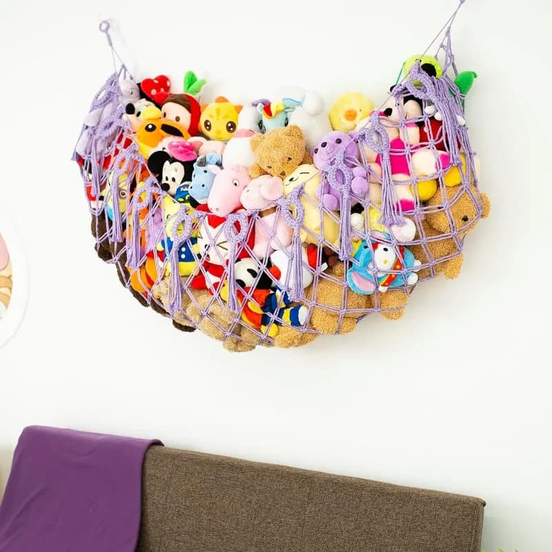 Cestino portaoggetti in corda di cotone Organizzatore di giocattoli intrecciato a mano Rete sospesa per giocattoli di peluche Borsa portaoggetti per camera dei bambini