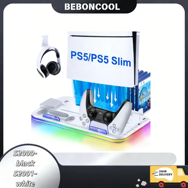 BEBONCOOL S2000 support for PS5 Slim | Gaming headphone support with 3 levels of cooling, RGB light, double charging, 15 slots for games, for Disk/Digital Pro console