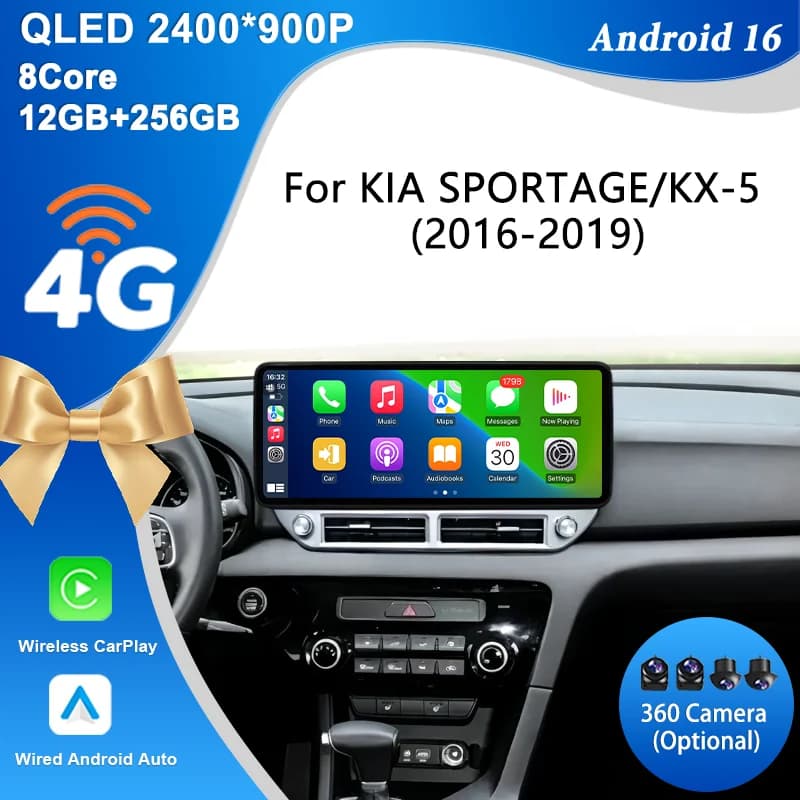 for KIA SPORTAGE/KX-5 2016-2019 12.3" Android 16 Car Radio CarPlay Android Auto GPS BT4G Wifi DSP Split IPS HD Full Touch Screen