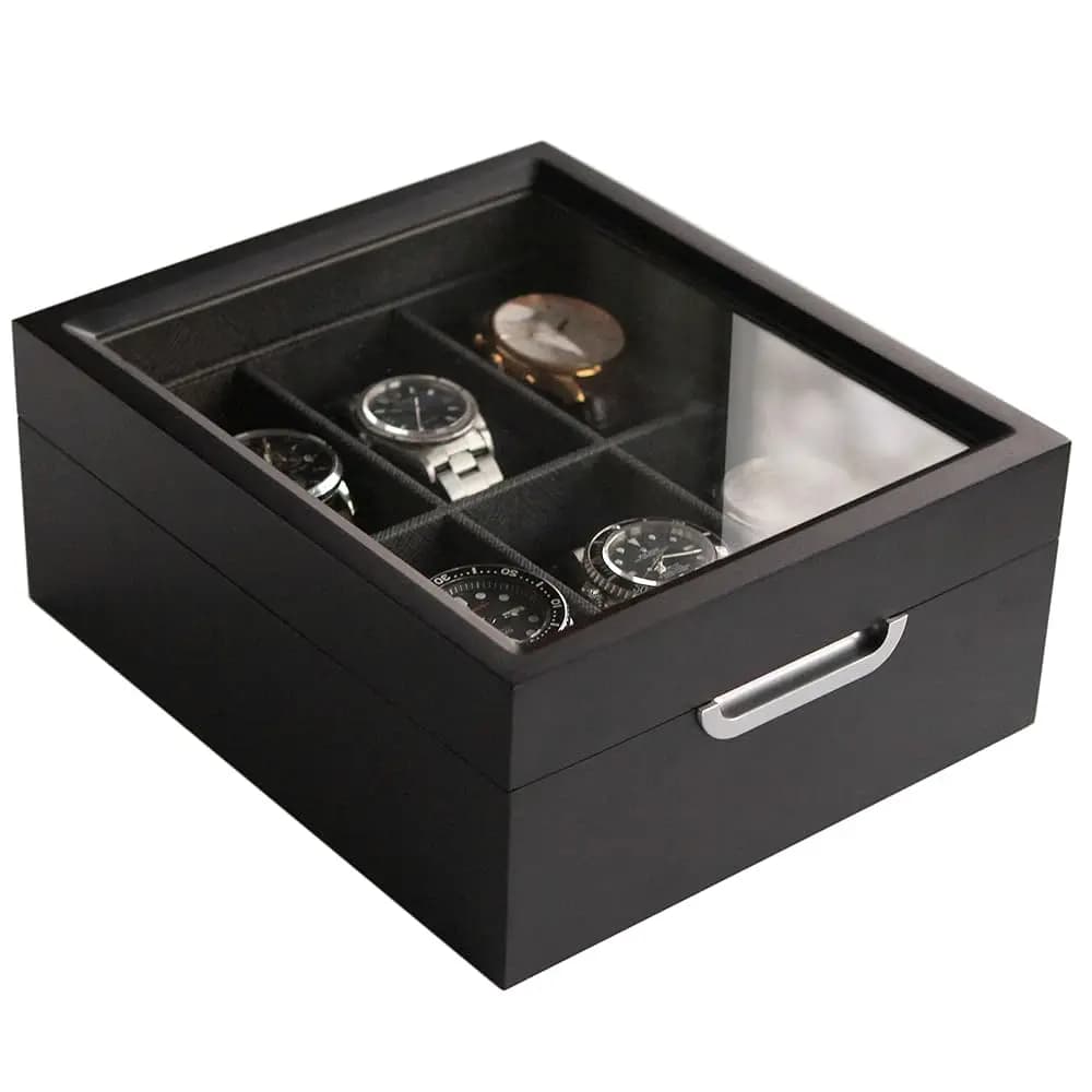 Scatola Porta Orologi Moderna 2x3 Finitura Nera con Maniglia in Alluminio Personalizzata 6 Scomparti con Vetro Vero