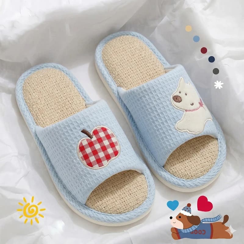 Spring Summer Couple Cute Cartoon Linen Style Flat Hemp Slides Light Soft Non Slip Indoor Household Daily Slippers