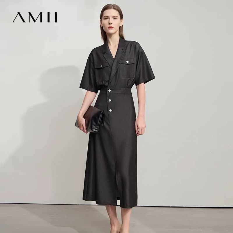 Amii Abito dritto Denim Donna 2025 Estate Semplice manica corta Office Lady Jean Flip Neck Drappeggiato Abito camicia fresca 12542067