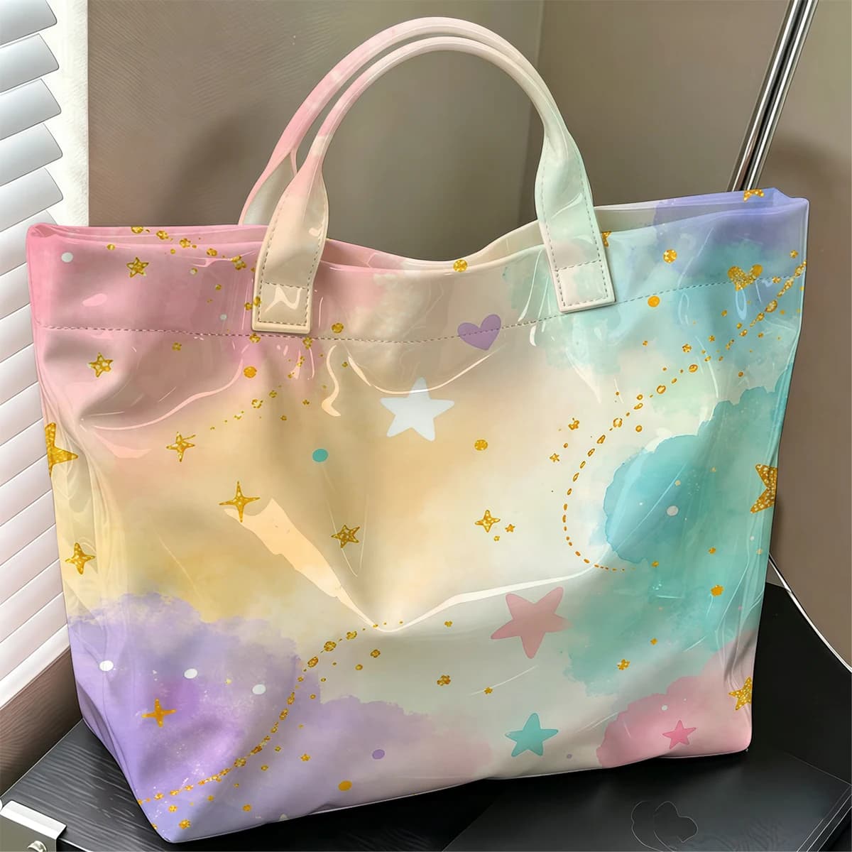Glitter Star Sky Stylish Large Glossy PVC Tote Bag Washable Waterproof Durable Ideal for Travel Commute Cosmetics Books Handbags