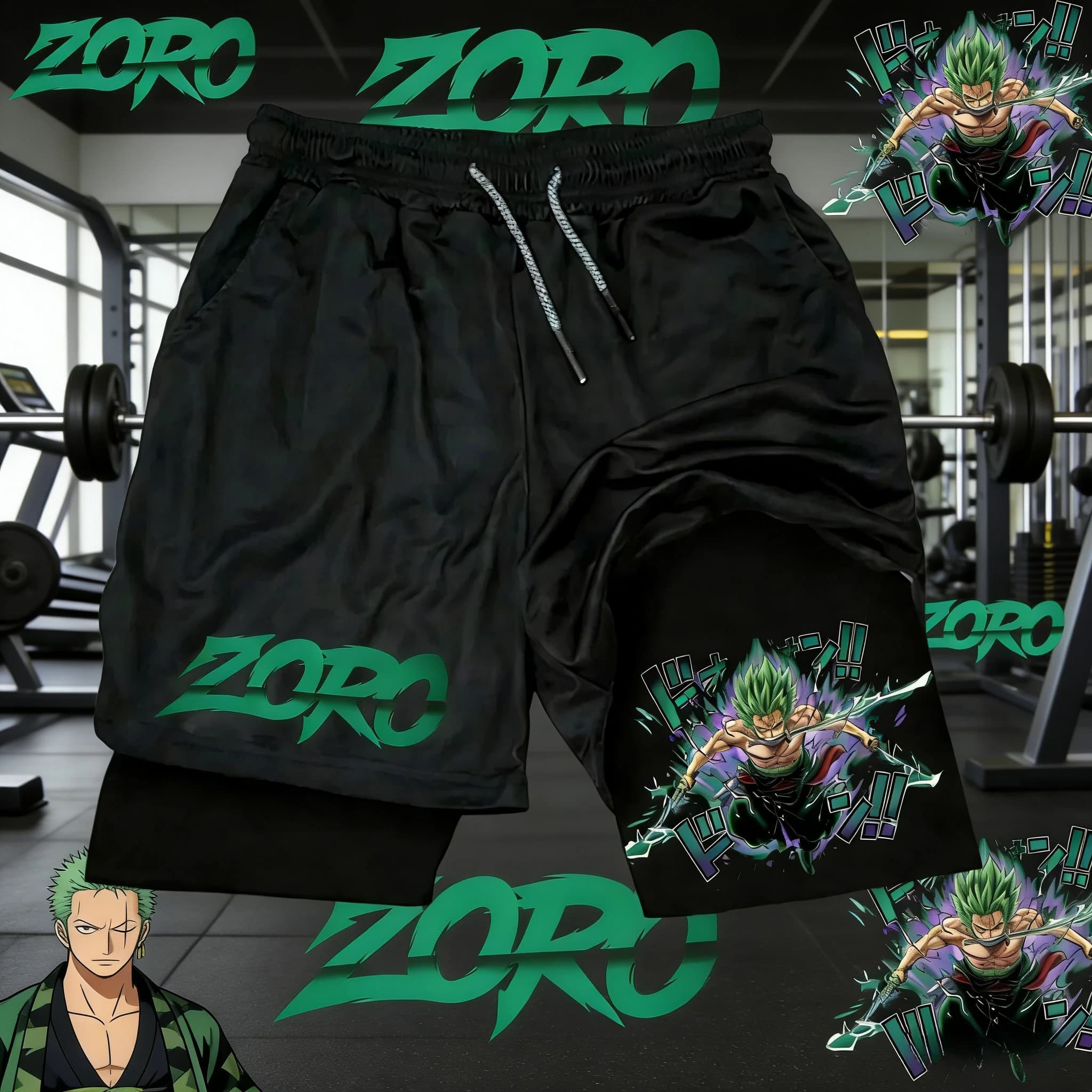 Pantaloncini Sportivi Estivi 2026 One Piece Retro a Doppio Strato da Uomo, Stampa Roronoa Zoro, Oversize, per Adulti