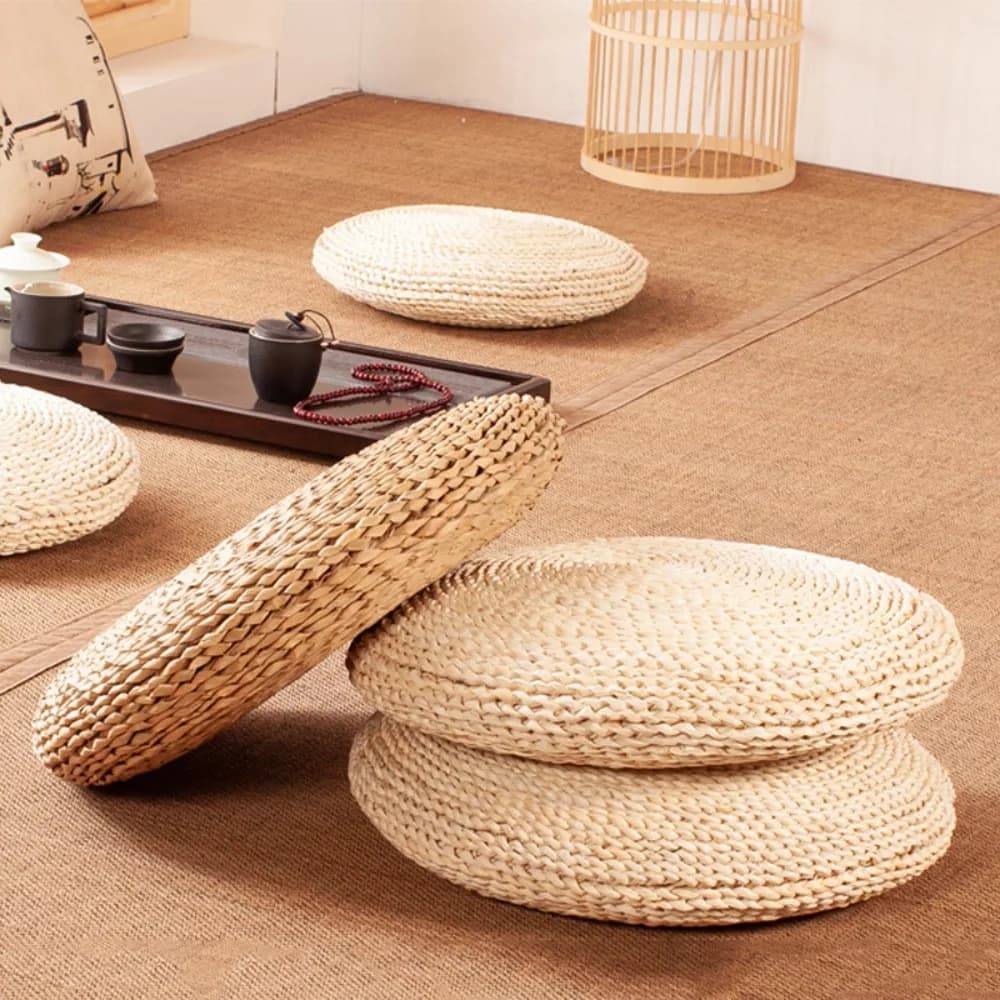 Household Japanese-style Straw Weaving Sitting Cushion Rustic Round Tatami Futon Thickened Breathable Straw Braid Mat Meditation