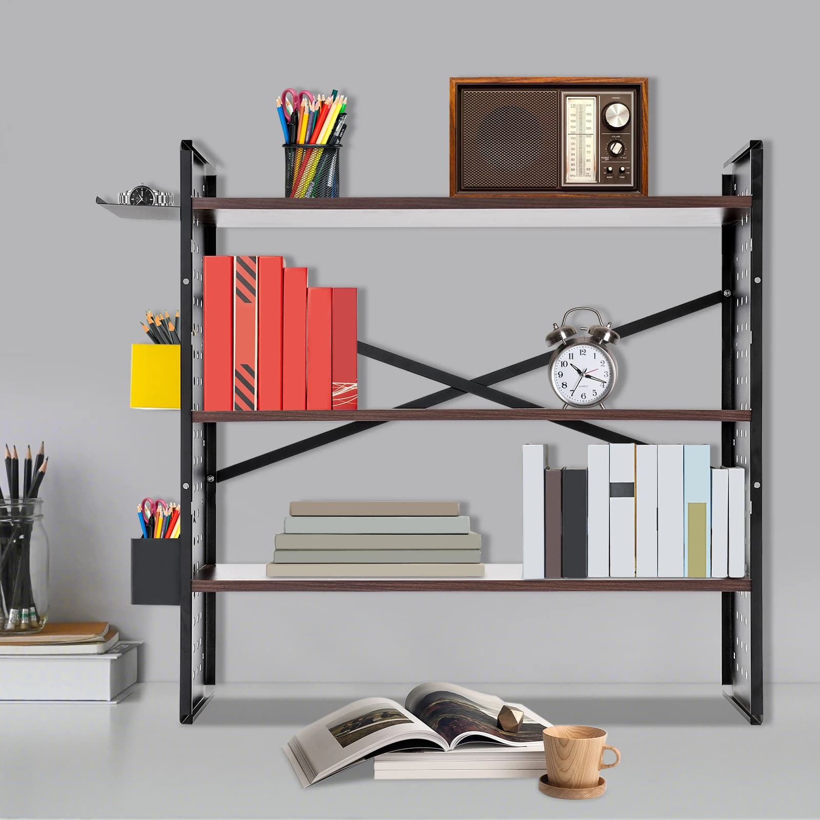 Scatola portaoggetti in MDF marrone e ferro 60x20x60cm a 3 strati con pannello forato, libreria, scaffale da scrivania