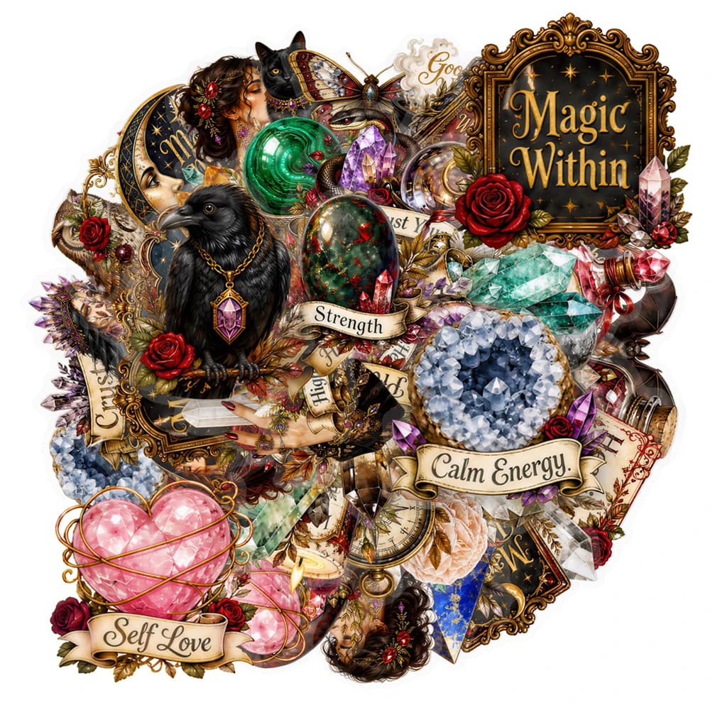 10/30/50pcs Vintage Magic Crystal Witch Stickers Aesthetic DIY Luggage Laptop Phone Guitar Cartoon Transparent Decals Wholesale