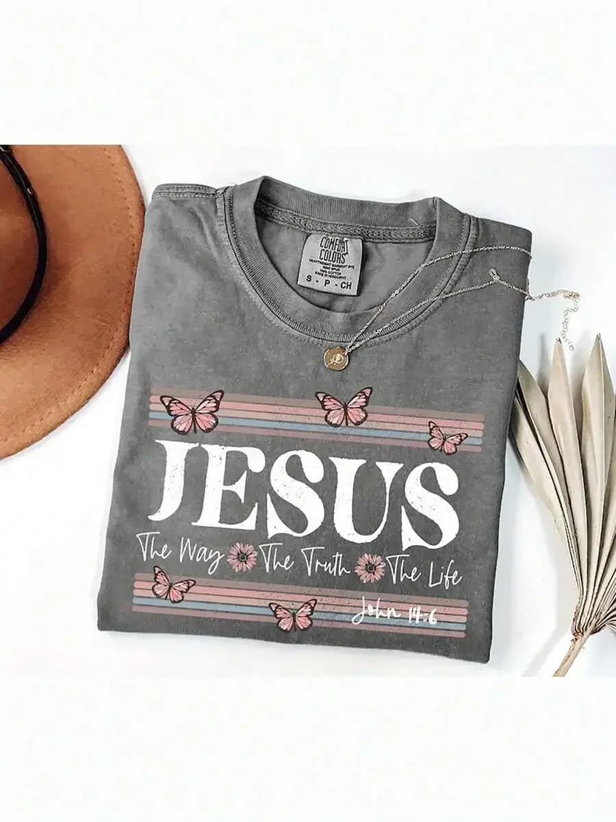 Mens Washed Cotton T-Shirt Jesus The Way The Truth The Life John 14:6 Print With Butterflies Floral Design Casual Round Neck