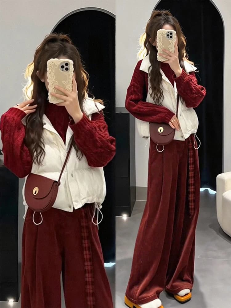 Set Tre Pezzi per Donna: Maglione Caldo, Giacca in Cotone e Pantaloni a Gamba Larga, Moda Autunno Inverno Capodanno, Ensemble a Vita Alta