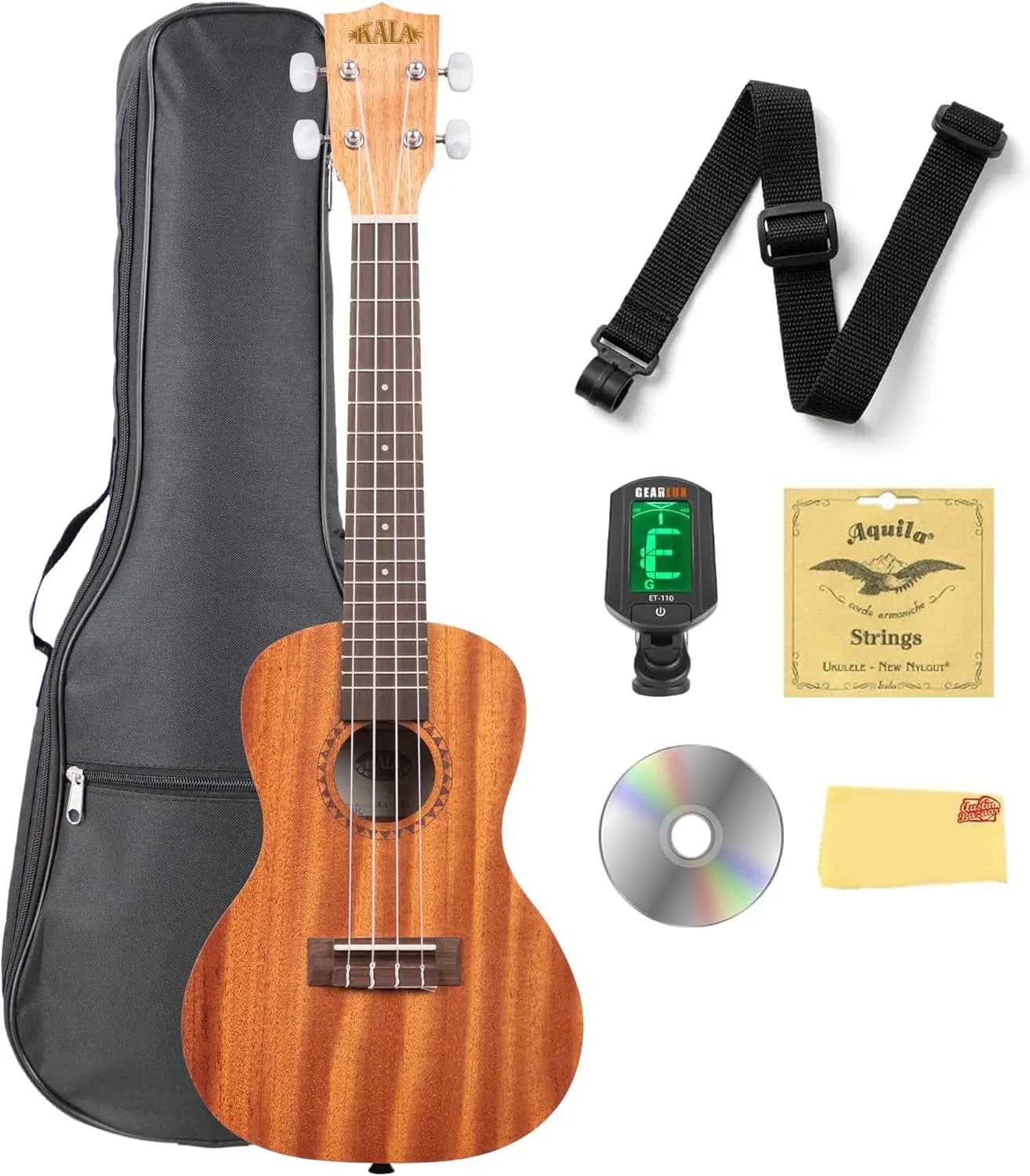 Concert Ukulele Bundle with Satin Mahogany Finish - Includes Gig Bag, Tuner, Strap, Strings, Instructional DVD, and Polishing Cloth