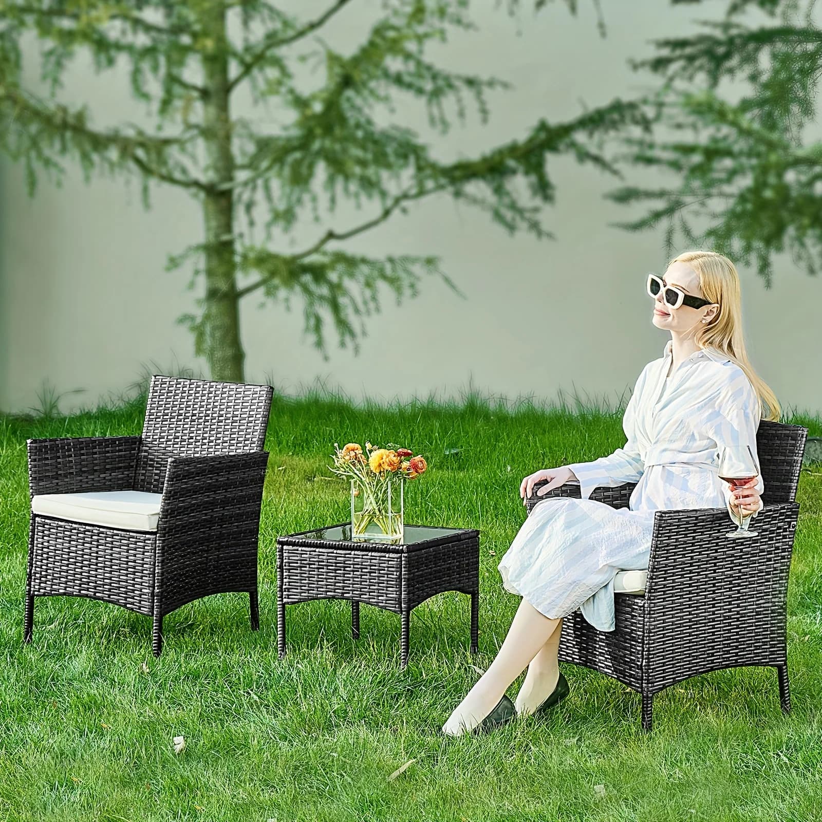 Outdoor Patio Furniture Set, 3pcs Outdoor Rattan Chair Garden PE Wicker Sofa Couch Conversation Sets Backyard Balcony Porch Poolside Loveseat with Soft Cushion and Glass Table LODEIJA