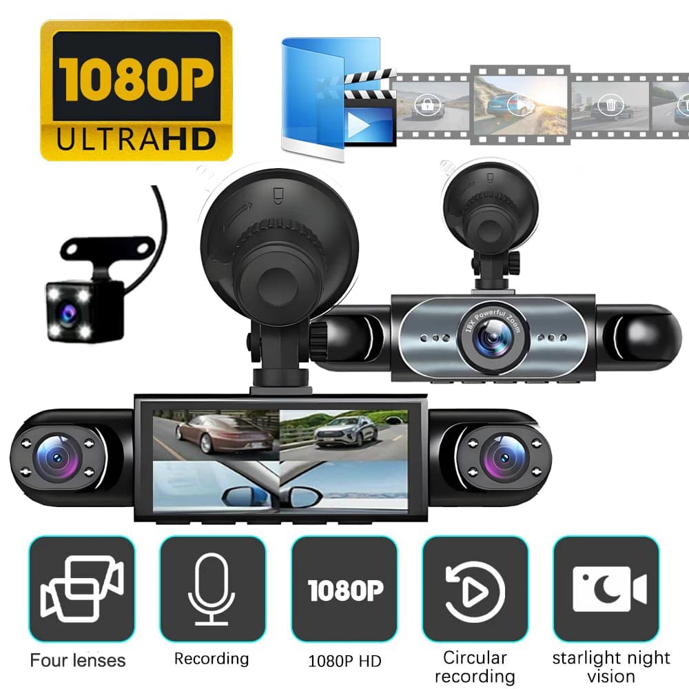Dash Cam a 4 Canali con Visione a 360 Gradi ° Registratore Video per Auto 1080P con Visione Notturna, Monitoraggio Parcheggio, Sensore G e Registrazione in Loop