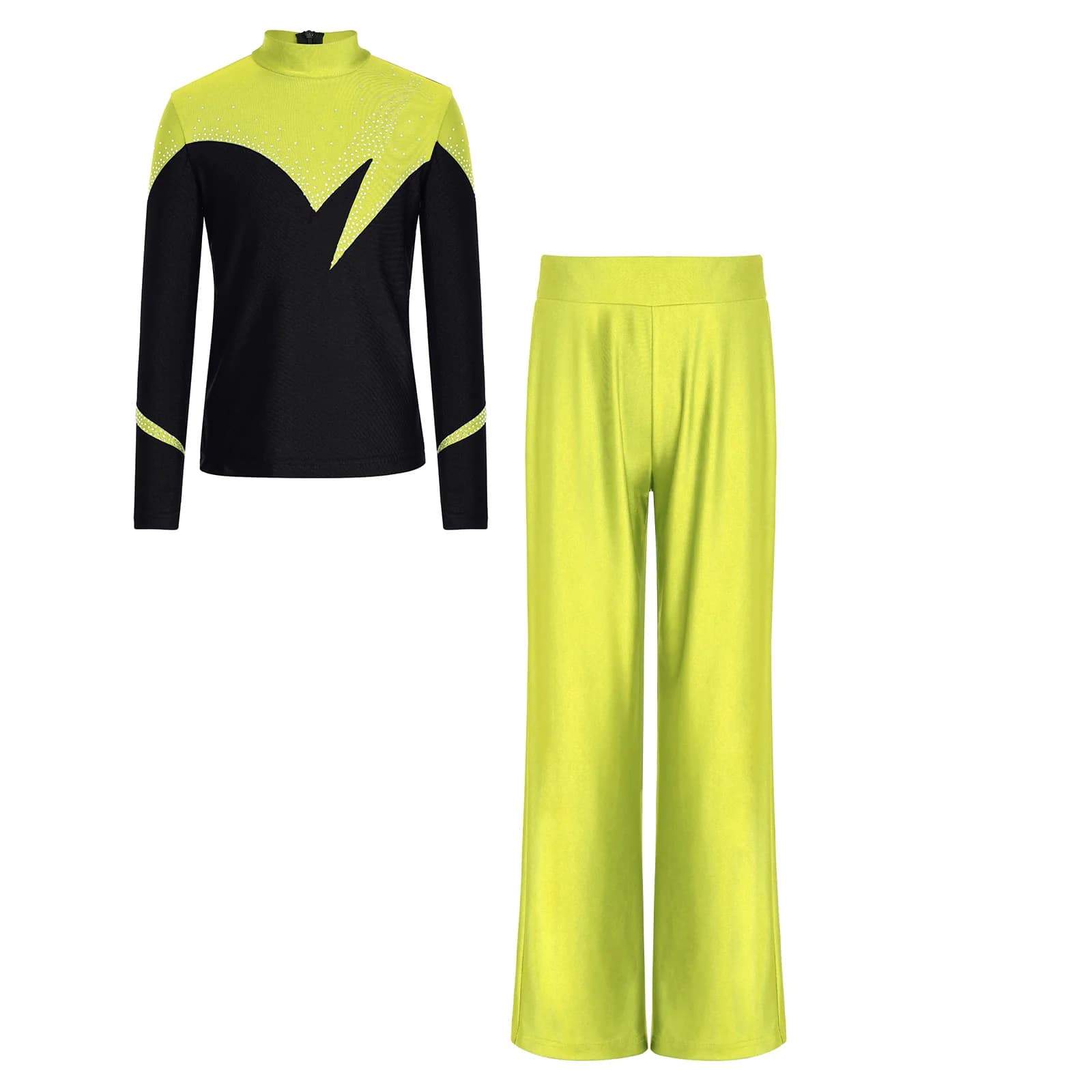 Costume da Pattinaggio Artistico per Bambini, Completo da Competizione con Top a Maniche Lunghe con Strass Lucenti e Pantaloni