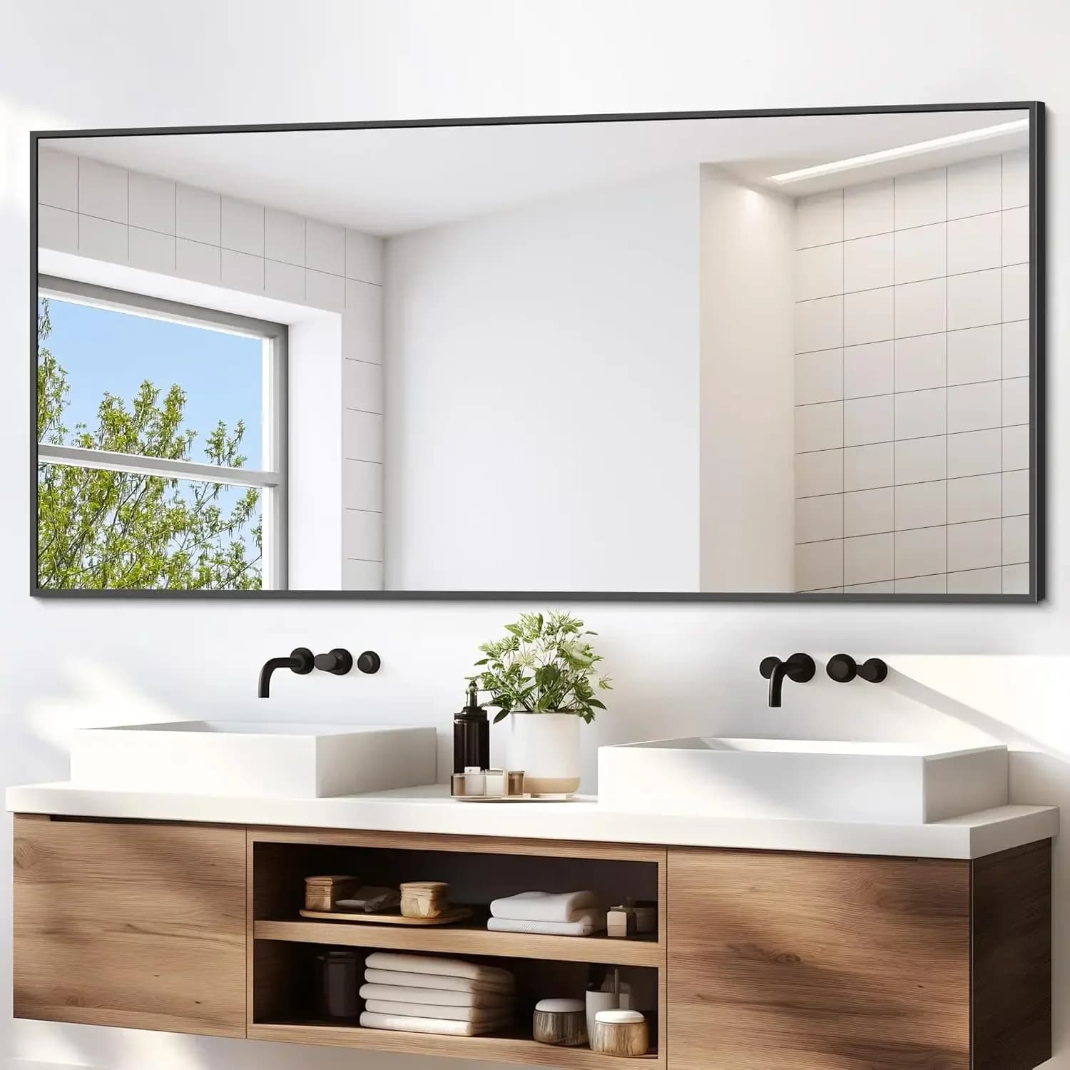 Specchio da Bagno Nero da Parete, 72x36 Pollici, Specchi Rettangolari con Cornice in Metallo, Specchio Moderno da Parete per Ingresso