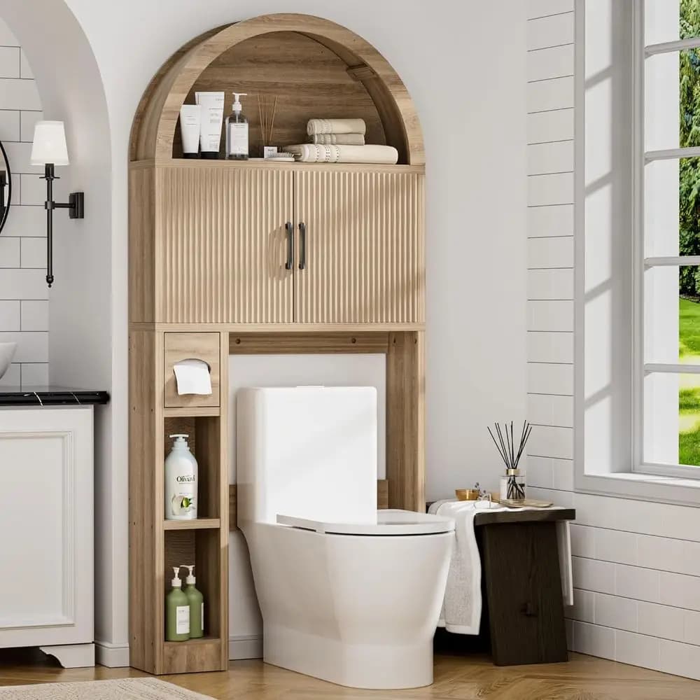 Mobiletto Salvaspazio in Legno da Posizionare Sopra il WC con Scaffalature, Portarotolo e Funzione Anti-Ribaltamento