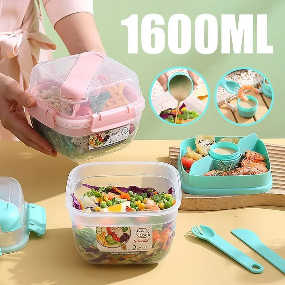 Contenitore per Alimenti Portatile da 1,6L a 2 Strati, Set Porta Pranzo con Forchetta, Adatto al Microonde, Bento Box per Picnic e Scuola