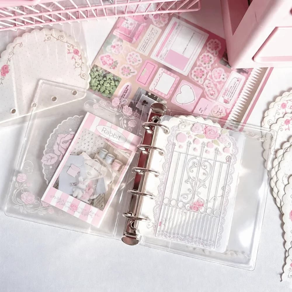 Portable PVC M5 Pocket Notebook with Elastic Band 5 Hole Loose Leaf Notebook Romantic Vine Rose Print M5 Pocket Planner Students