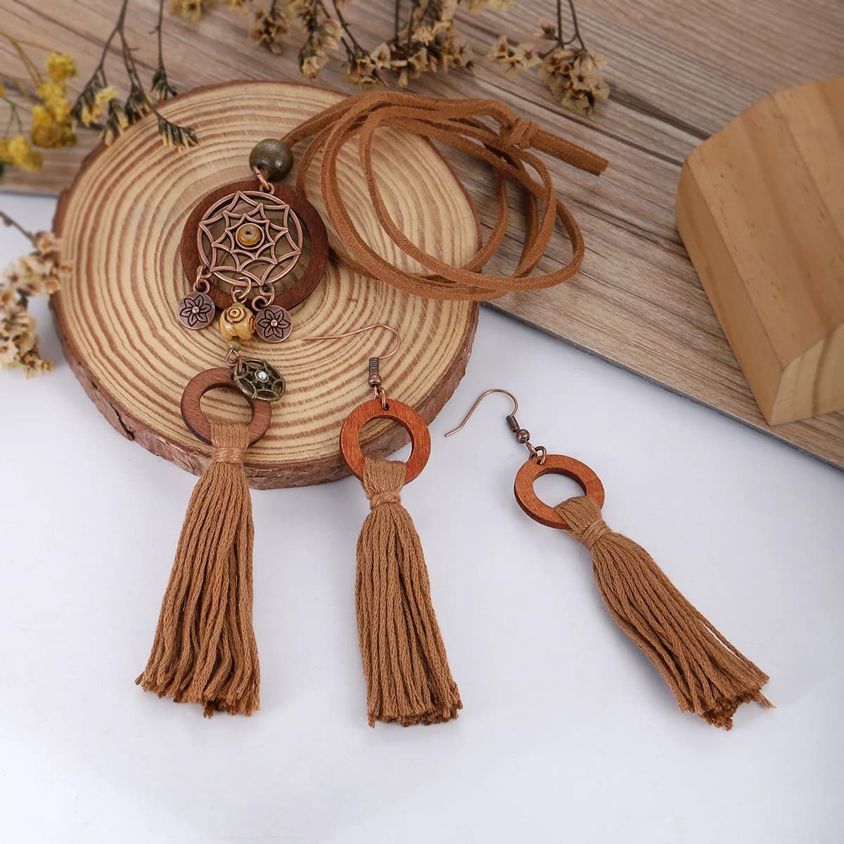Vintage Metal Round Dream Catcher Necklace Earring Set for Women Classic Cotton Tassel Long Dangle Earrings Party Jewelry