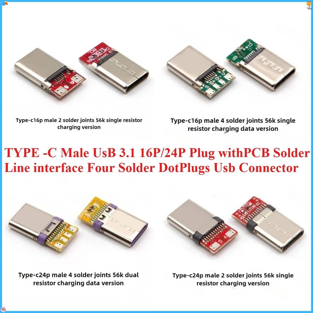 5/10PCS TIPO - C Male USB 3.1 16P/24P Plug with PCB Sawing Line Four Spins Welding Point USB Connector C