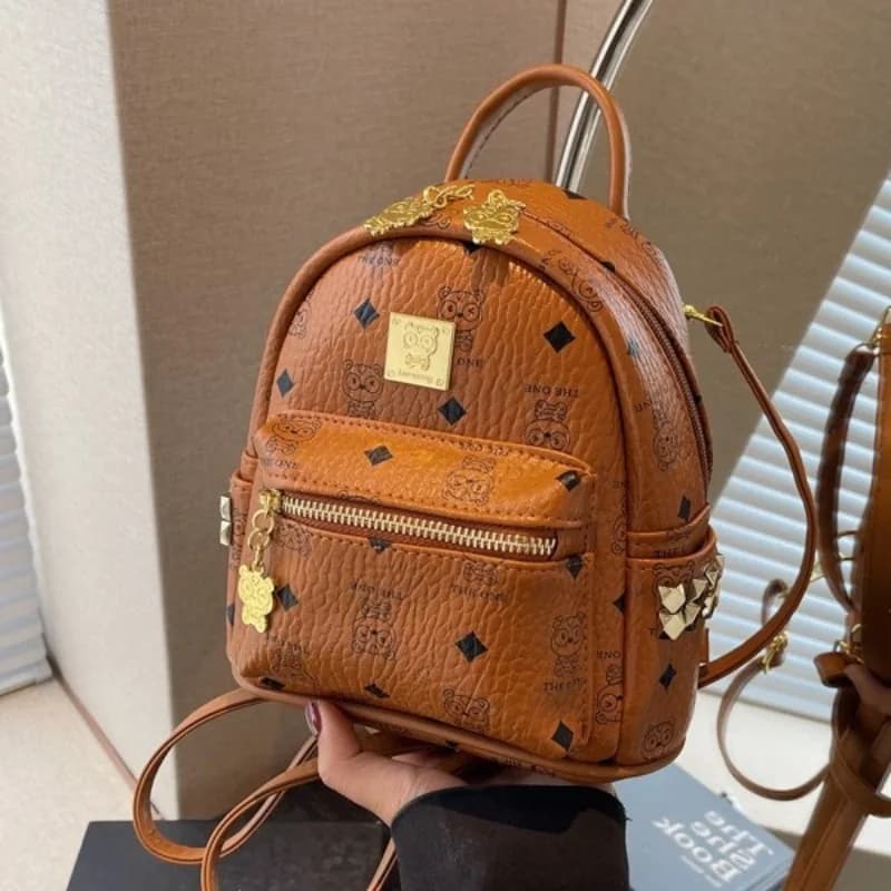 Mini zaino alla moda da donna Zaini da donna stile preppy Zaini in pelle PU stampati con orso Borse Zaini per studenti per ragazze