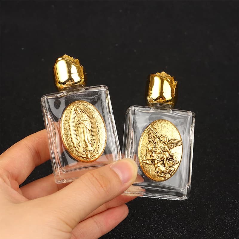 15ml Gold Glass Holy Water Jesus Bottle Religious Cross Bottle Christian Virgin Sculpture Bottle Refillable Holy Water Bottle