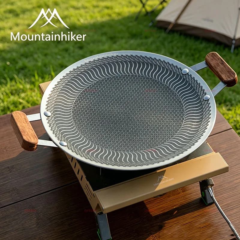 Mountainhiker Padella Antiaderente in Acciaio Inossidabile per BBQ, Griglia da Campeggio, Vassoio da Picnic, Cucina Esterna, Padella per Cottura e Frittura con Manico in Legno