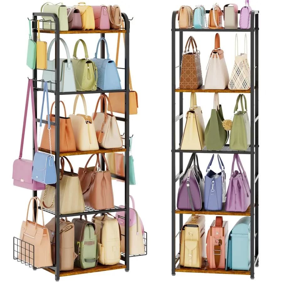 Organizzatore per borse a 5 livelli per armadio, supporto per riporre borse, organizer per borse in metallo e legno con 4 ganci laterali e 2 B