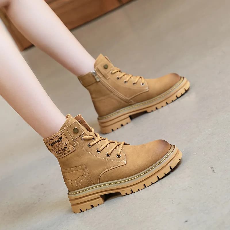 Women Boots 2026 Autumn Split Leather Round Toe Side Zip Waterproof Lug Sole Vintage Desert Hiking Footwear Size
