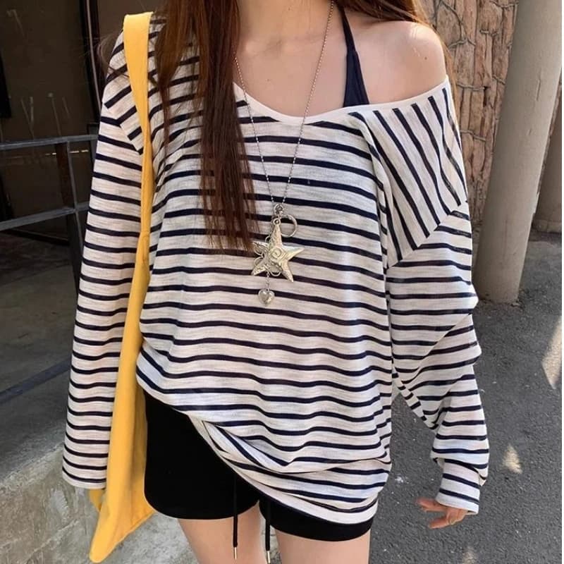 Magliette a maniche lunghe larghe a righe a contrasto con scollo a V sottile, casual da strada, alla moda estiva, abbigliamento donna