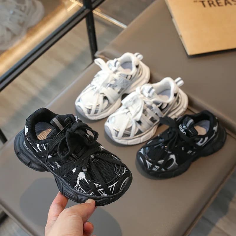 Kids Shoes, Versatile Sports sneakers Black and Beige for Boys and Girls, Fashion Casual Shoes with Patchwork and Mesh