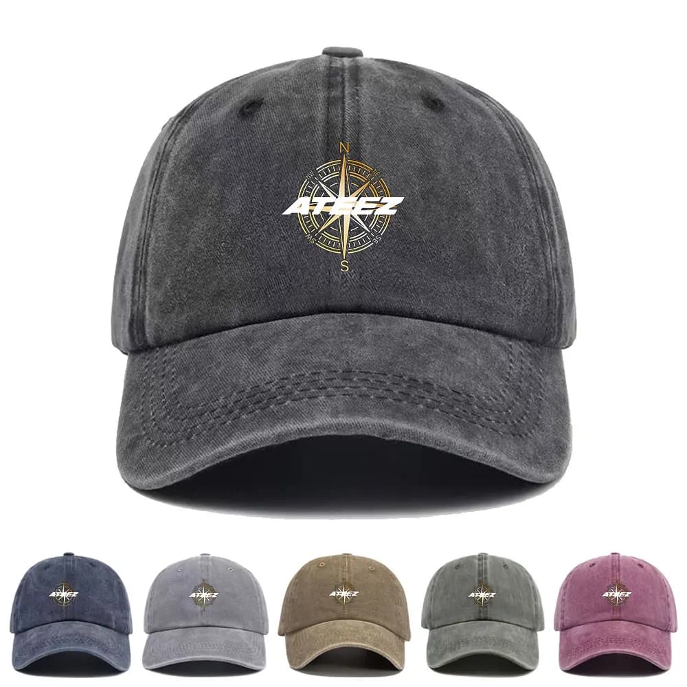 Cappellino da Baseball Kpop ATEEZ Compass, Stile Trucker Lavato e Stampato, Unisex, in Cotone, Streetwear, Moda Coreana, Cappello Estivo da Sole