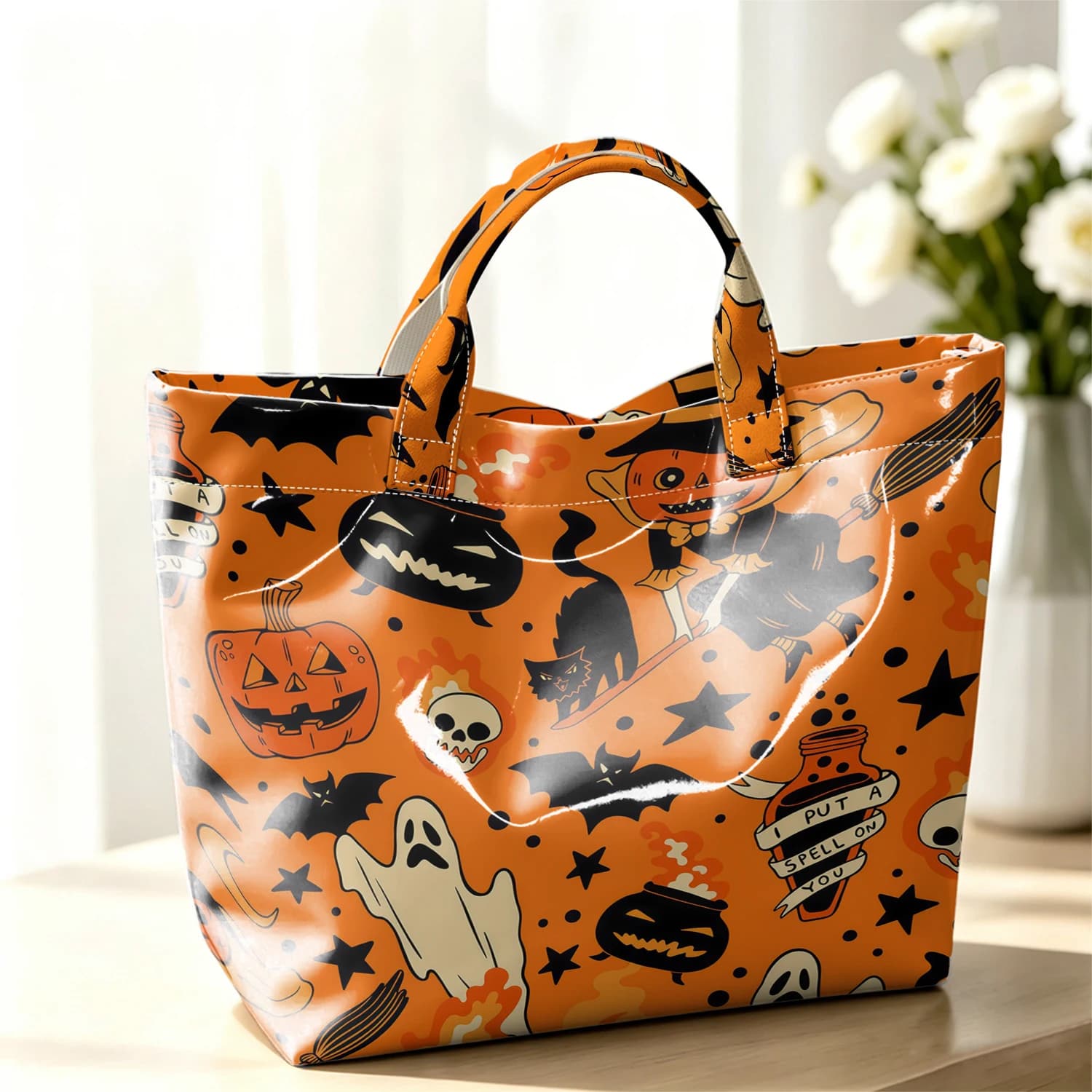 Halloween Retro Stylish Large Glossy PVC Tote Bag Washable Waterproof Durable Ideal for Travel Commute Cosmetics Books Handbags