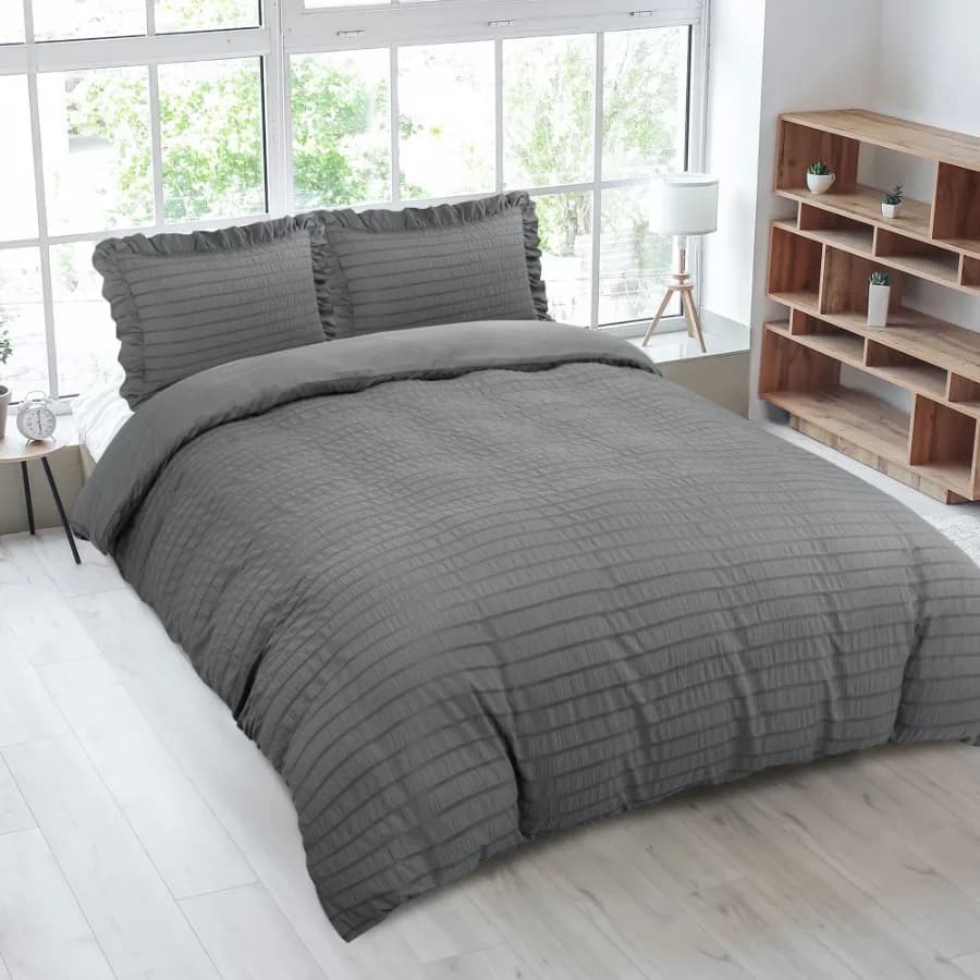 Microfiber 3 Pieces Seersucker Duvet Cover Set King Dark Grey
