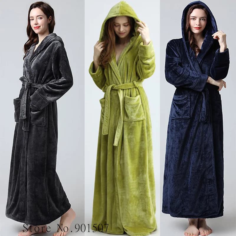 Extra Long Winter Coral Pile Bathrobe Woman With Hood Hot Kimono Bathrobe Cozy Kimono Shower Vestaglie Vestaglia Trained Night Shirt