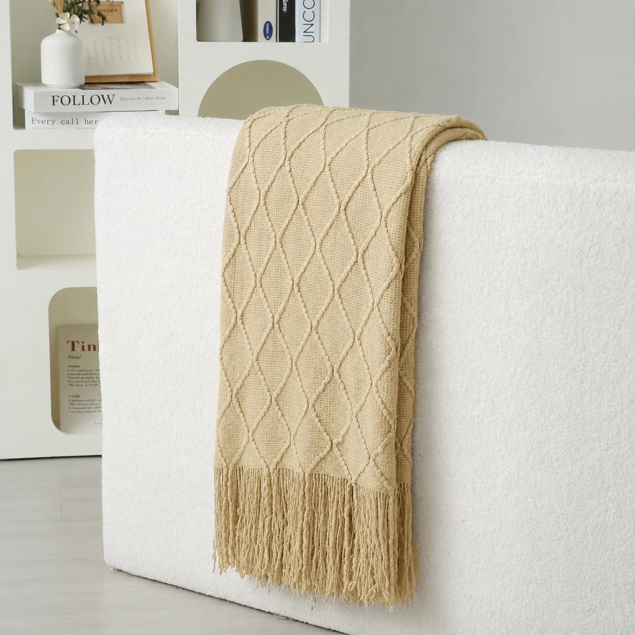 Light Khaki Diamond Cable Textured Knit Throw Blanket with Tassel Fringe, Soft Knitted Decorative Blanket, Lightweight Cozy Cover for Couch Sofa Bed, Boho Farmhouse Home Decor for Living Room Bedroom