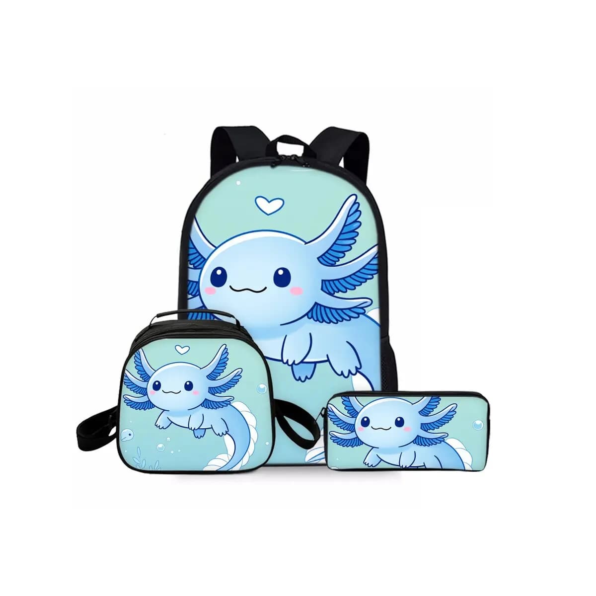 Set di tre zaini messicani Axolotl per ragazzi/ragazze, i migliori regali, borsa da scuola alla moda impermeabile con cartoni animati 3D per bambini