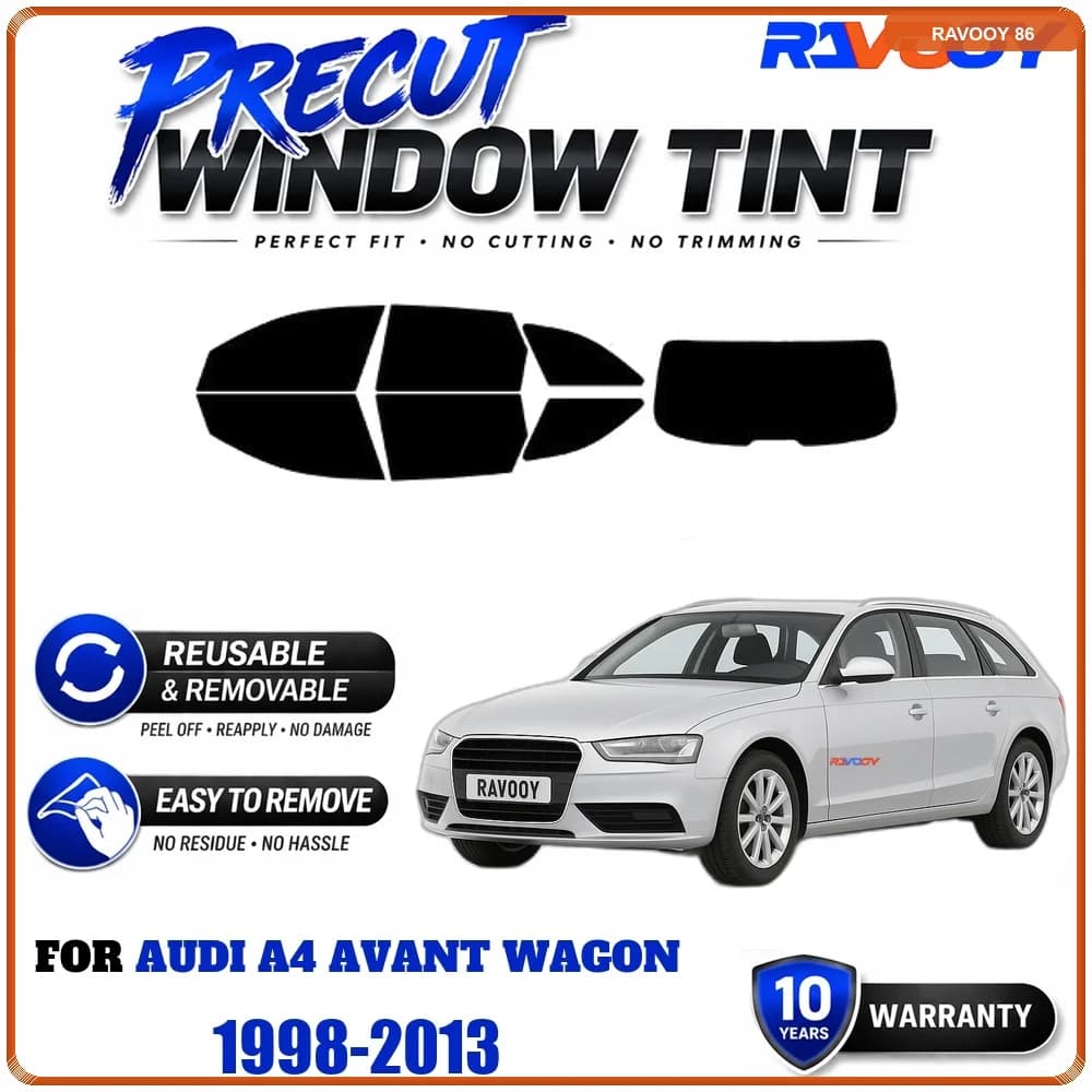 RAVOOY Precut Window Tint, Reusable Removable EPU Film, Custom Fit for Audi A4 Avant Wagon 1998-2013, UV Heat Protection