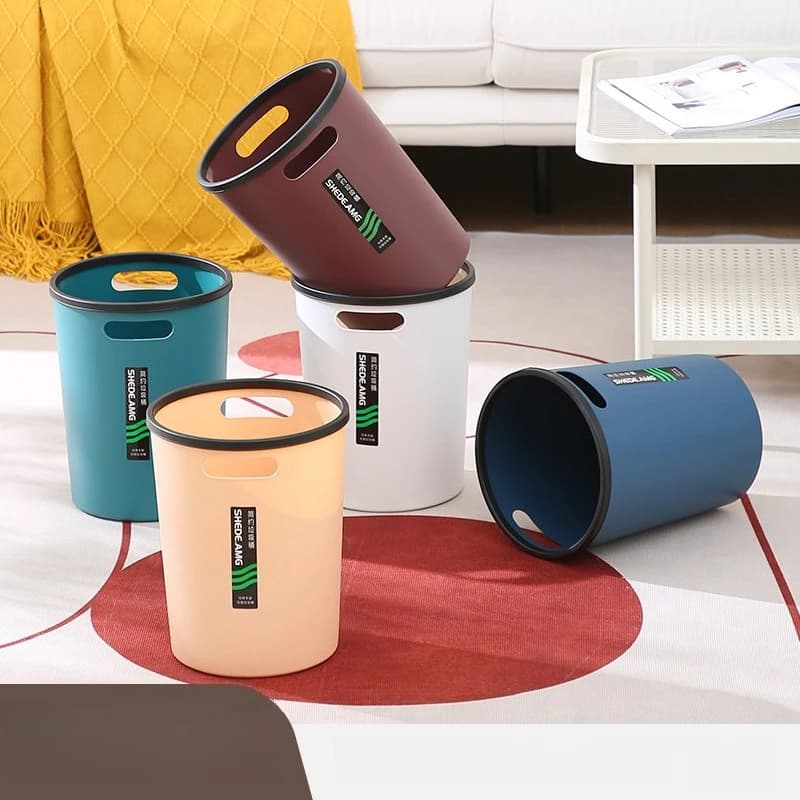 Pattumiera rotonda in plastica per ufficio e casa con manico, senza coperchio, cestino per rifiuti per bagno