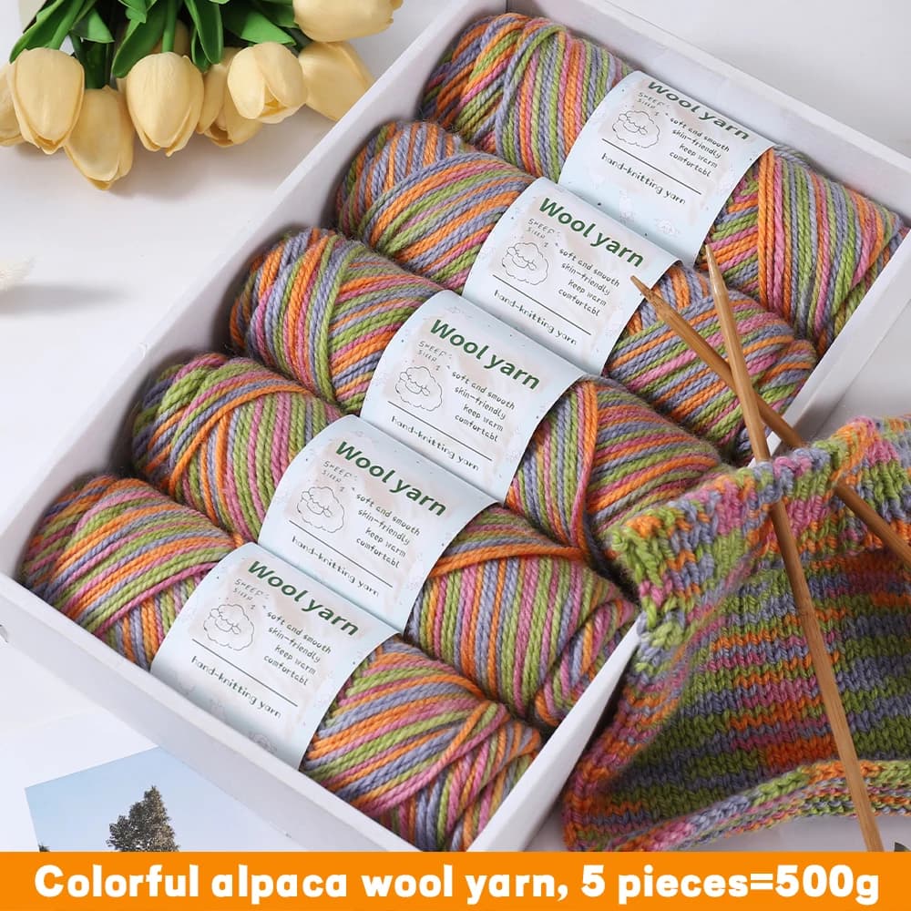 500g Gradient-Dyed Rainbow Alpaca Wool Yarn, Thick Hand-Knitting Material Suitable for Casual Knitwear, Used for Knitting Warm Autumn and Winter Coats, Personalized Scarves, Hats, Gloves, Accessories, Handmade Artworks, Wool Sweaters, Carpets, Seat Cushions, Small Blankets. 1 Bag = 5 Pieces = 500g
