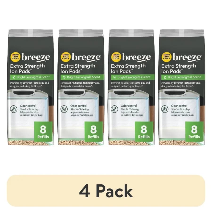 4 pack Purina Breeze Multi-Cat Extra Strength Ion Cat Litter Box Pads, Bright lemongrass Scented Cat Litter Pads Refill Pack