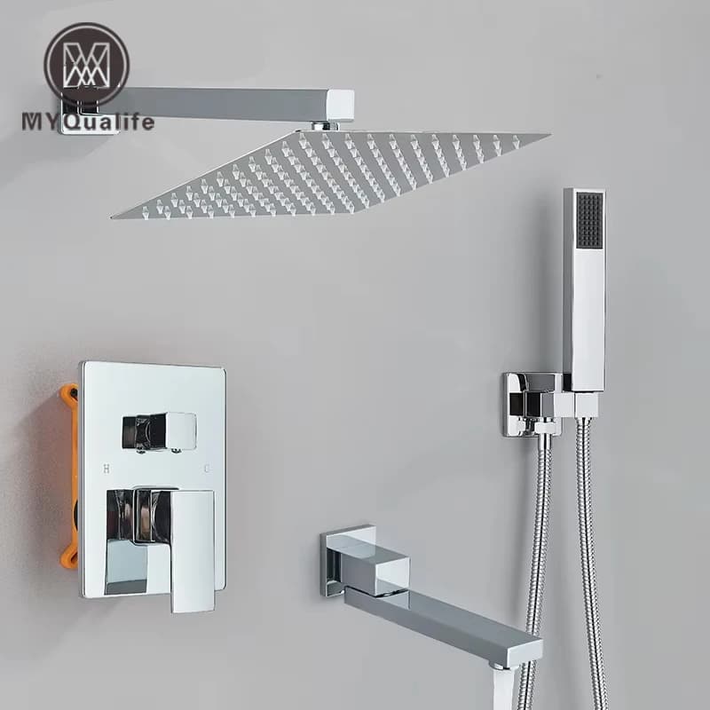 Set di rubinetti per doccia da bagno cromati Miscelatore deviatore in ottone misto a pioggia a 2/3 vie con testa da 8-16" Controllo scatola incorporata montata a parete