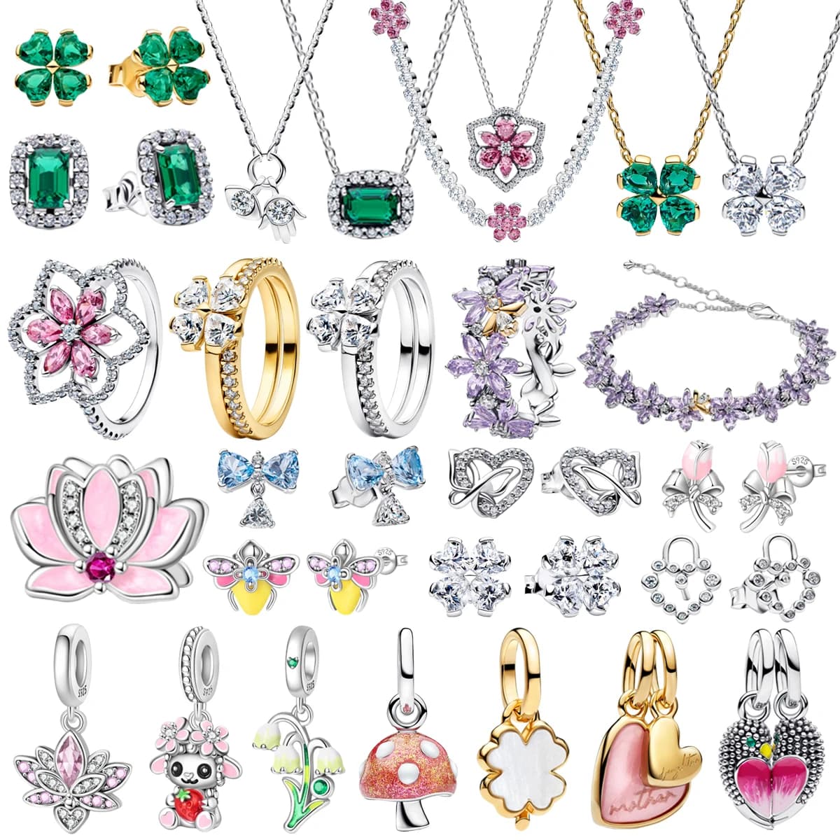 Originale set di gioielli in argento sterling 925 con ciondolo a quadrifoglio, fiore di loto, fiocco e lumaca, orecchini e anello, ideale come regalo di compleanno di alta gamma per donna.