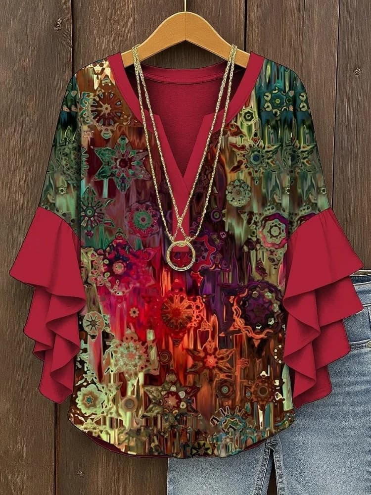 Plus Size Women Blouse Holiday Ruffled Stitching 3/4 Sleeve Bohemian Floral Butterflies Printed Tunics Casual Loose V-neck Tunic