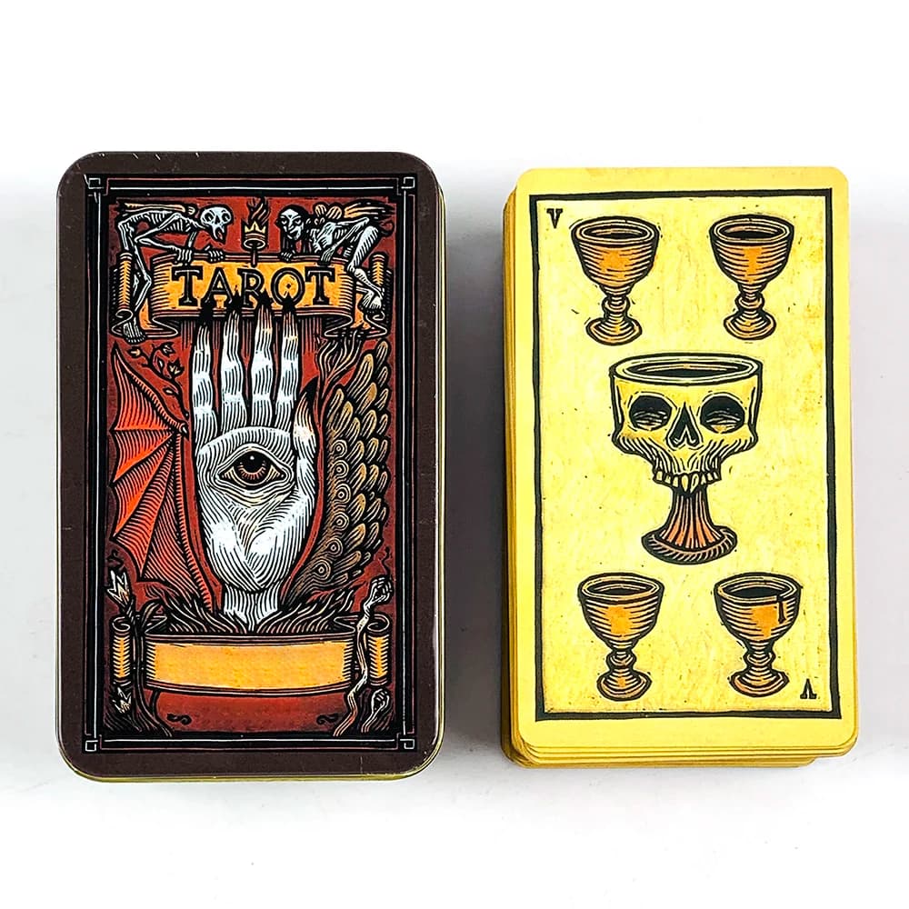 Carta dei tarocchi con scatola di metallo di latta di alta qualità 78 carte Guida ai bordi dorati Mazzo dei tarocchi, gioco di società in famiglia per divinazione di meditazione