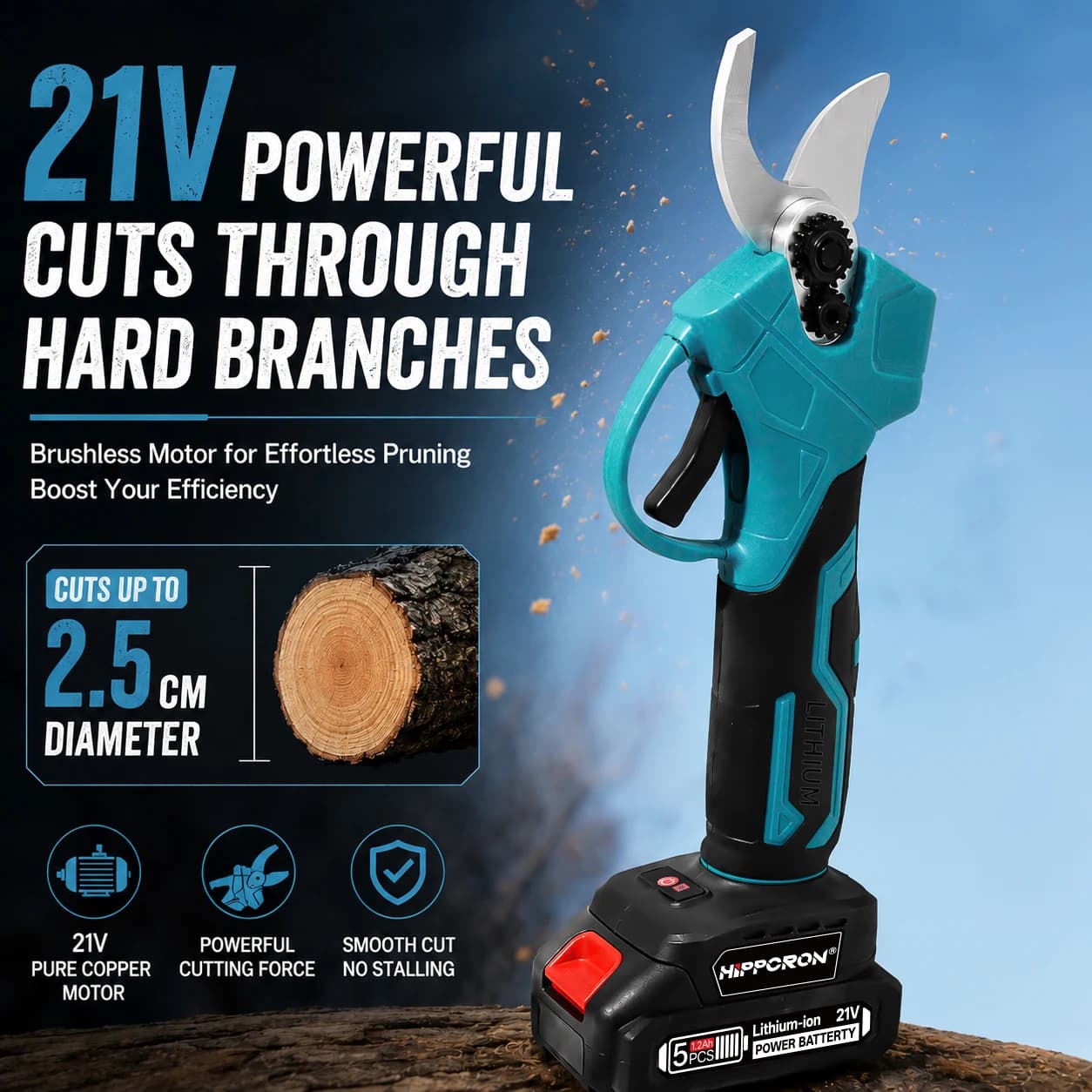 HIPPCRON 21V Electric Pruning Shears, 25mm Cutting Garden Trimmer Gardening Power Tool