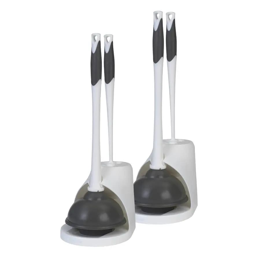 Set di ventosa e spazzola per WC con supporto, 6.75 x 7 x 19.5, Bianco Grigio, Confezione da 2 ventose e spazzole per WC, Robusto