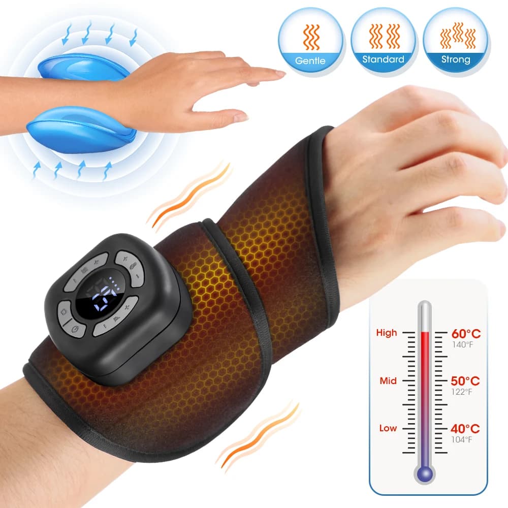 Airbag Massaggiatore da polso 3 livelli Riscaldamento Vibrazione Massaggio Pad Cordless Pressione d'aria Supporto per le mani Polsino Sollievo dalla fatica termica