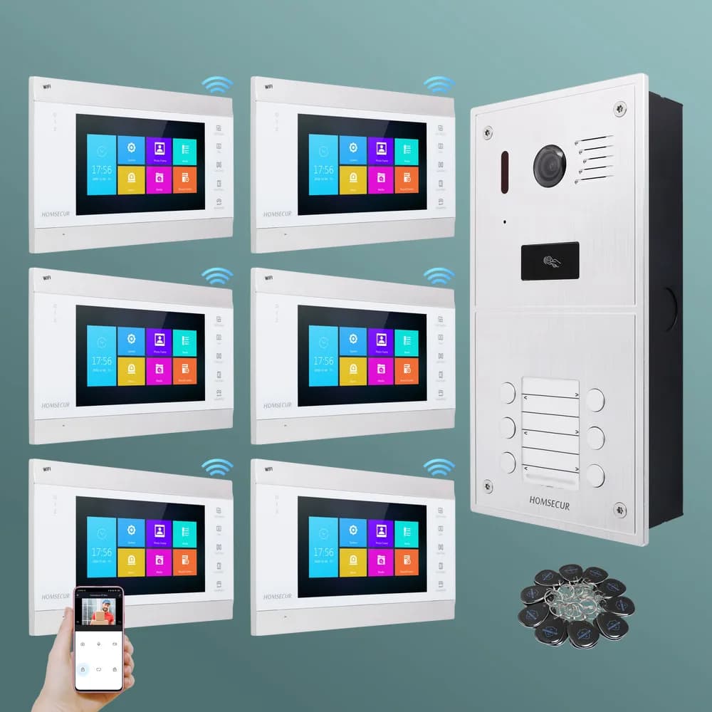 HOMSECUR 6-Apartment HD Video Door Phone Intercom System with RFID Access Control Camera and Auto Recording